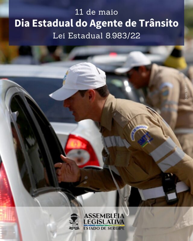 🚦 🚓 👮‍♂️ Neste 11 de maio, celebramos o Dia Estadual do Agente de Trânsito em Sergipe, uma data dedicada a reconhecer e valorizar o trabalho essencial desses profissionais que atuam diariamente na organização do tráfego e na promoção da segurança nas vias públicas.

🚗 🚲 🚶‍♂️ Os agentes de trânsito desempenham um papel fundamental na conscientização da população sobre a importância do respeito às leis de trânsito, contribuindo para a fluidez, a prevenção de acidentes e a proteção de pedestres e condutores.

🏙️ Mais do que uma homenagem, esta data fortalece a categoria, incentivando a busca por melhores condições de trabalho e o aperfeiçoamento contínuo das atividades ligadas à mobilidade urbana e rodoviária em nosso estado.

⚖️📜 O Dia Estadual do Agente de Trânsito foi instituído pela Lei nº 8.983/2022, de autoria do ex-deputado estadual Samuel Carvalho.

#DiaDoAgenteDeTrânsito #Sergipe #SegurançaViária #MobilidadeUrbana
#EducaçãoParaOTrânsito
#RespeitoNoTrânsito

Siga a Assembleia Legislativa nas redes sociais
Facebook: @‌assembleiase
Instagram: @‌assembleiasergipe
X: @‌assembleiase

#ParaTodosVerem: Trata-se de um card institucional sobre o Dia Estadual do Agente de Trânsito.